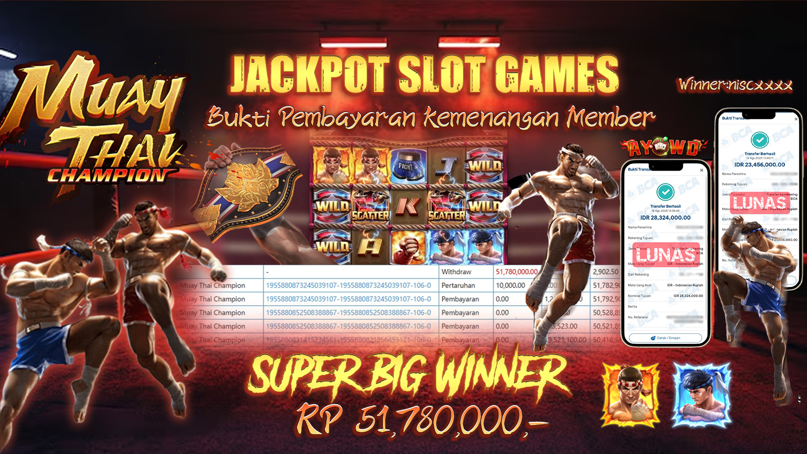 AYOWD JACKPOT SLOT GAMES PG-MUAY THAI CHAMPION Rp 51,780,000,-  LUNAS