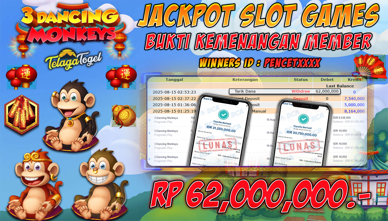 TELAGATOGEL JACKPOT SLOT 3 DANCING MONKEYS Rp 62,000,000.- LUNAS  