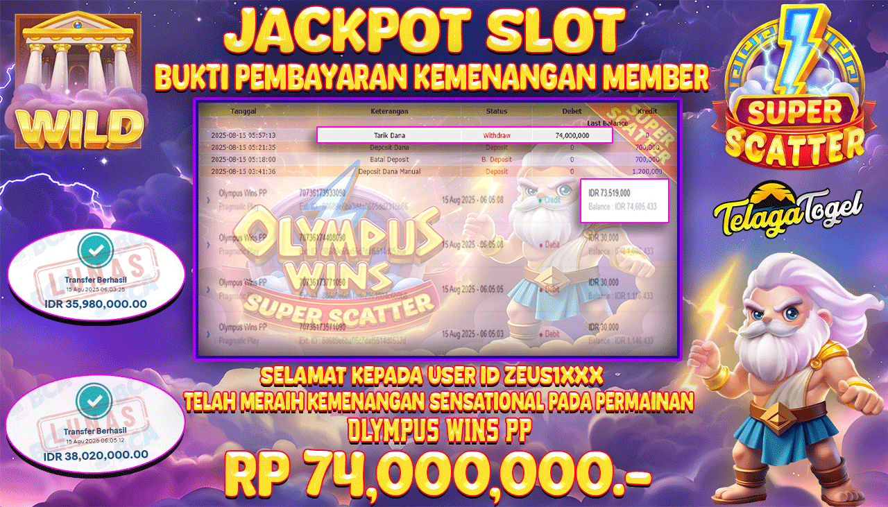 TELAGATOGEL JACKPOT SLOT OLYMPUS WINS PP Rp 74,000,000.- LUNAS  