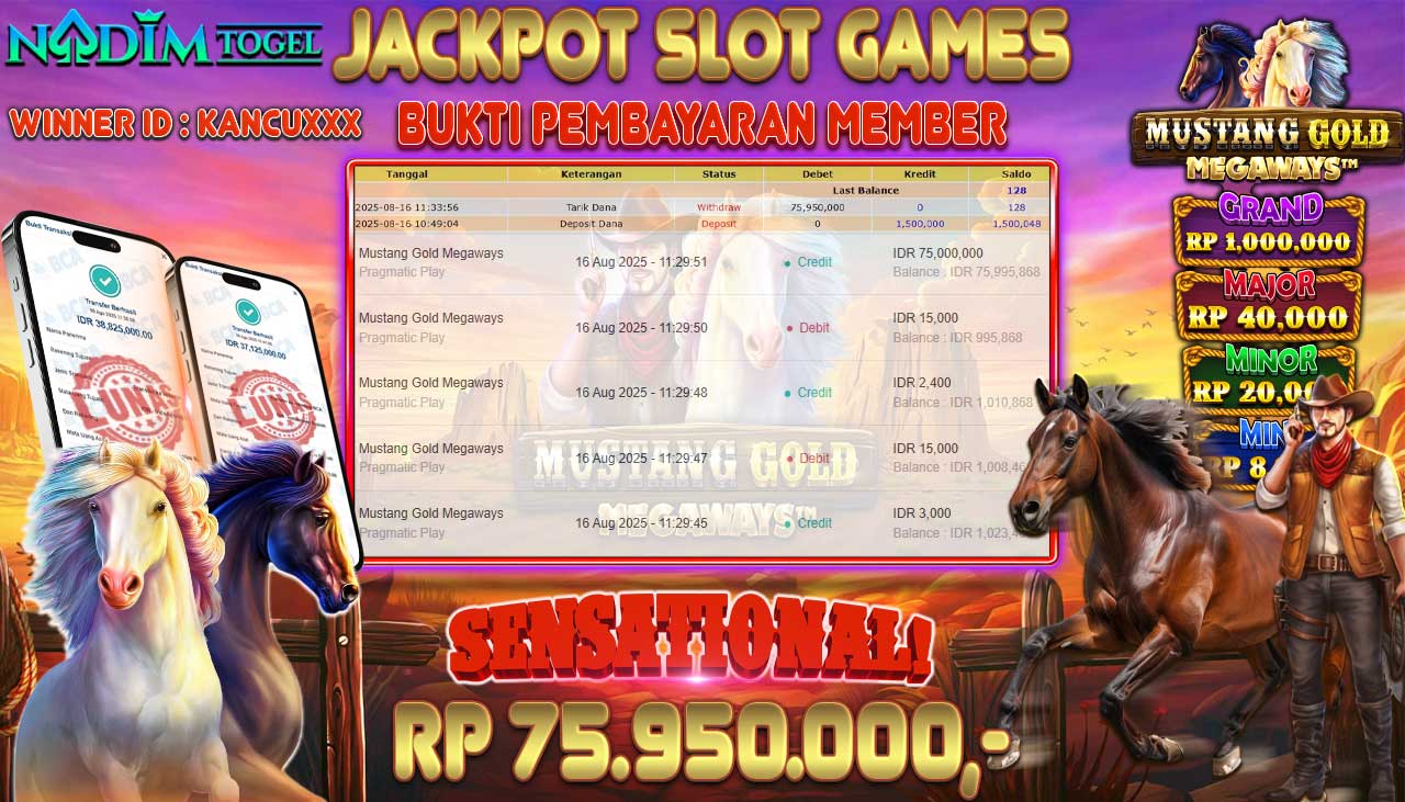NADIMTOGEL JACKPOT SLOT MUSTANG GOLD MEGAWAYS - PRAGMATIC PLAY Rp 75.950.000,- LUNAS