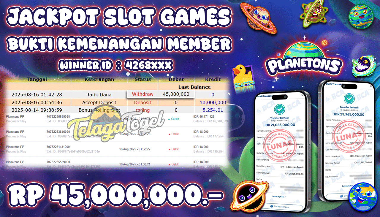 TELAGATOGEL JACKPOT SLOT PLANETONS PP Rp 45,000,000.- LUNAS  