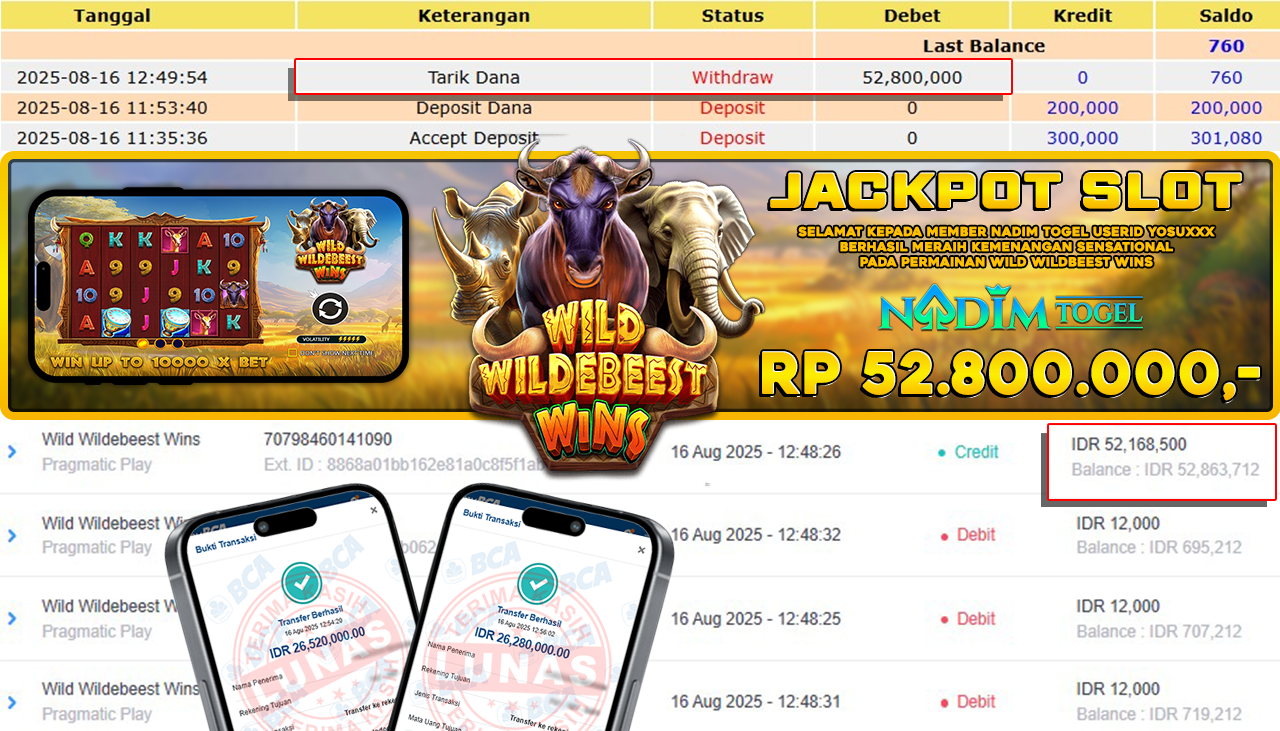NADIMTOGEL JACKPOT SLOT WILD WILDEBEEST WINS Rp 52.800.000,- LUNAS