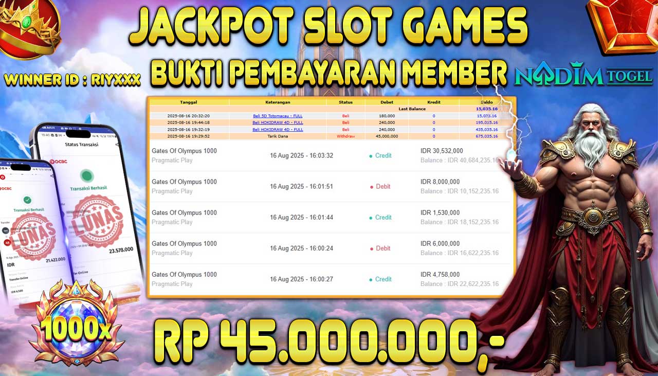 NADIMTOGEL JACKPOT SLOT GATES OF OLYMPUS 1000 - PRAGMATIC PLAY Rp 45.000.000,- LUNAS