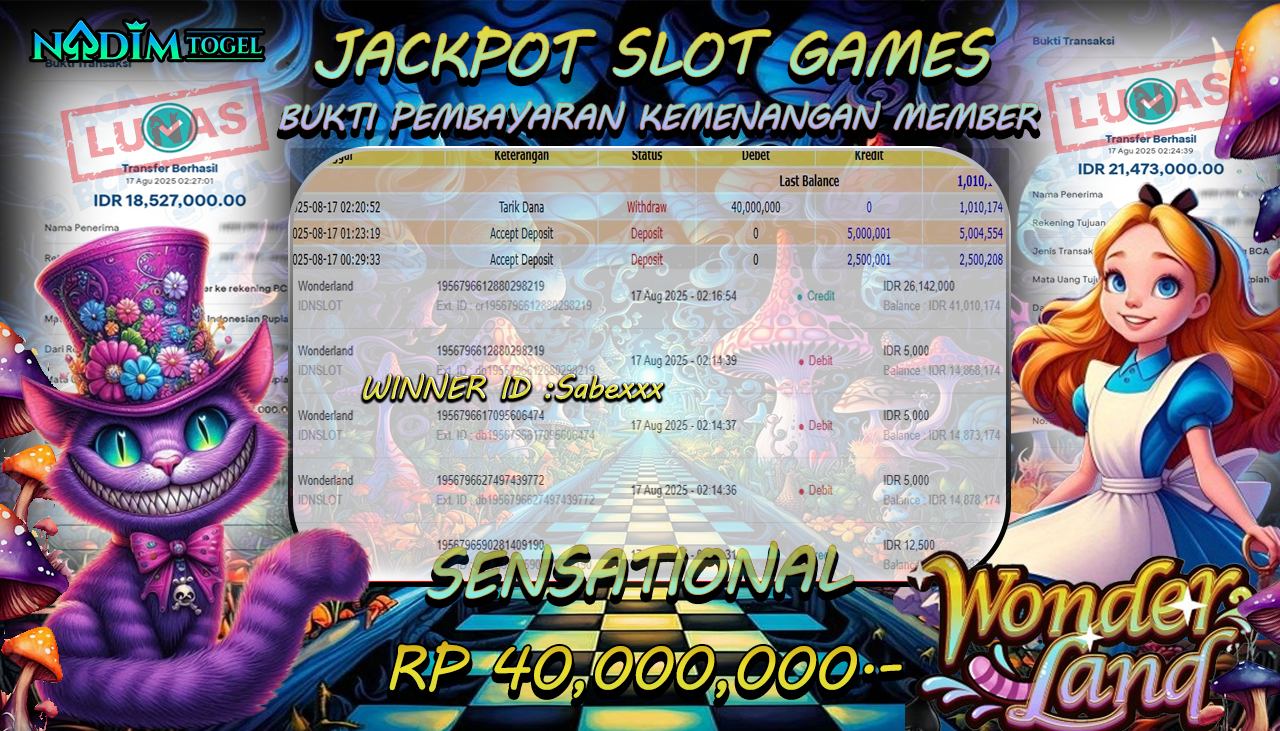 NADIMTOGEL JACKPOT SLOT WONDERLAND - IDNSLOT Rp 40.000.000,- LUNAS