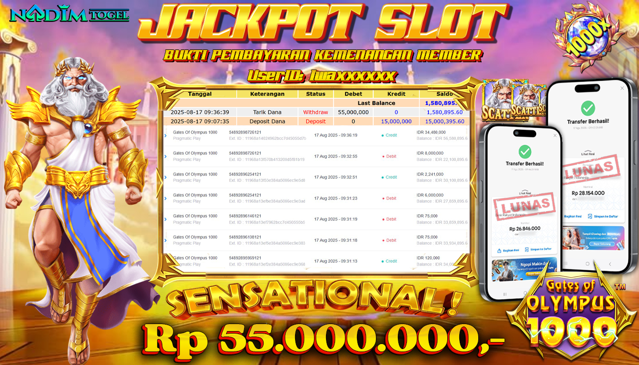 NADIMTOGEL JACKPOT SLOT GATES OF OLYMPUS 1000 - PRAGMATIC PLAY Rp 55.000.000,- LUNAS