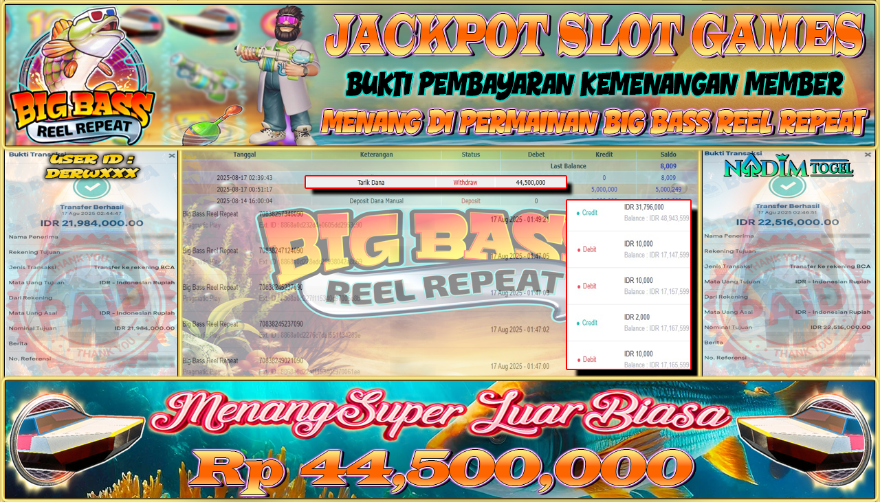 NADIMTOGEL JACKPOT SLOT BIG BASS REEL REPEAT- PRAGMATIC PLAY Rp 44.500.000,- LUNAS