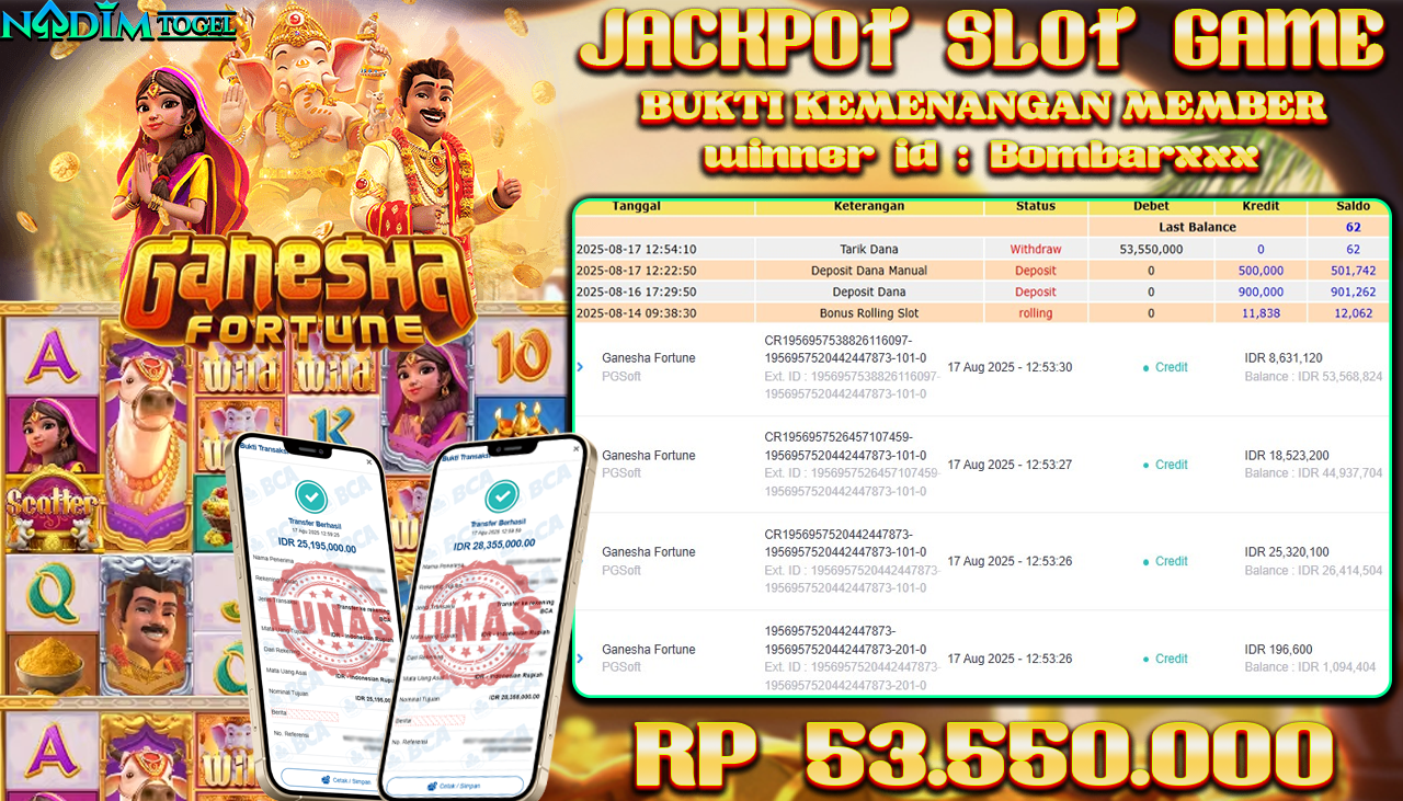 NADIMTOGEL JACKPOT SLOT GANESHA FORTUNE  Rp 53.550.000,- LUNAS
