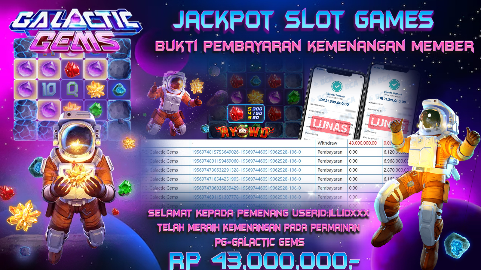AYOWD JACKPOT SLOT GAMES PG-GALACTIC GEMS Rp 43,000,000,- LUNAS