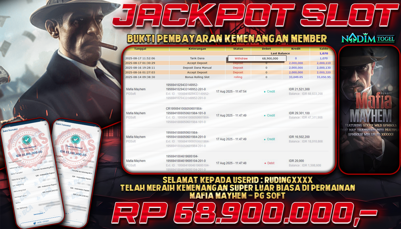 NADIMTOGEL JACKPOT SLOT MAFIA MAYHEM  Rp 68.900.000,- LUNAS