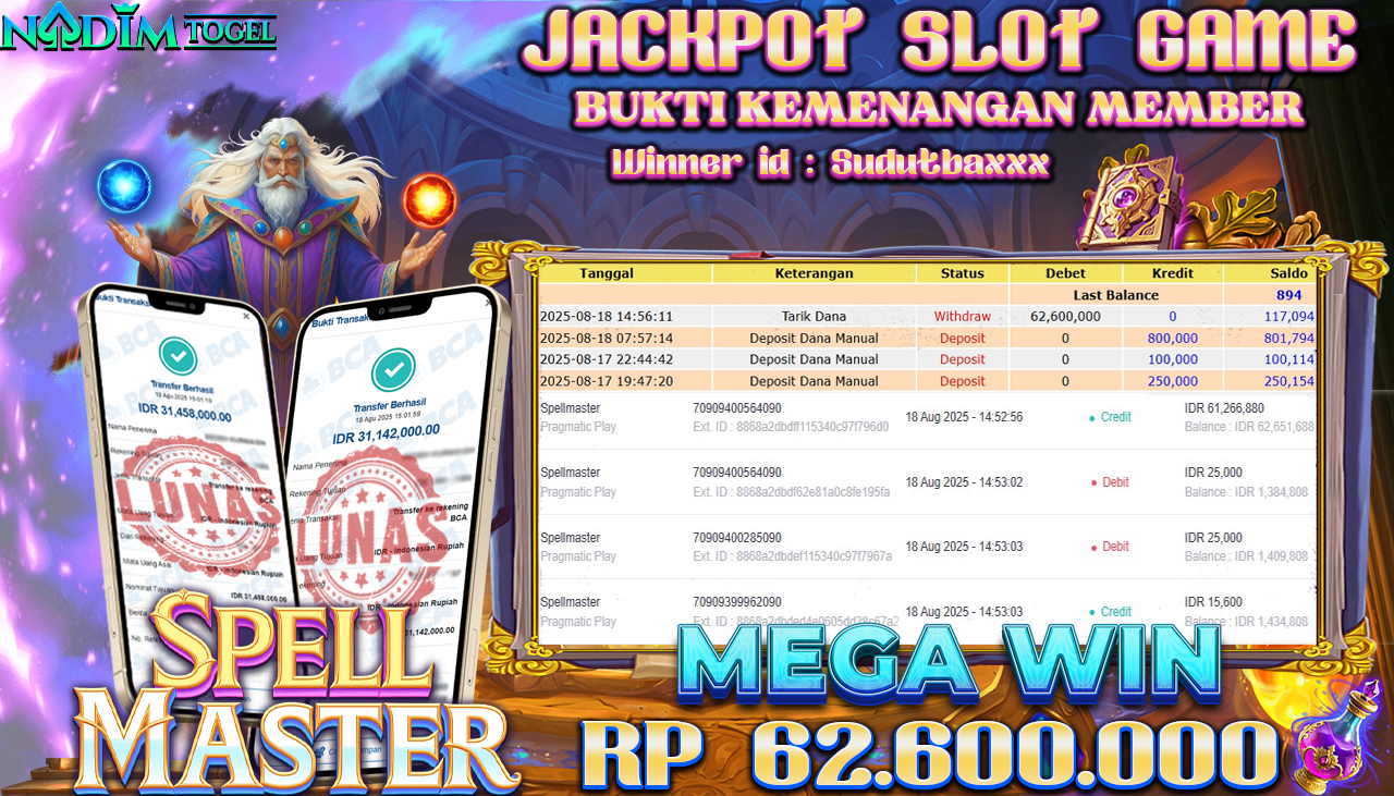 NADIMTOGEL JACKPOT SLOT SPELL MASTER Rp 60.600.000,- LUNAS
