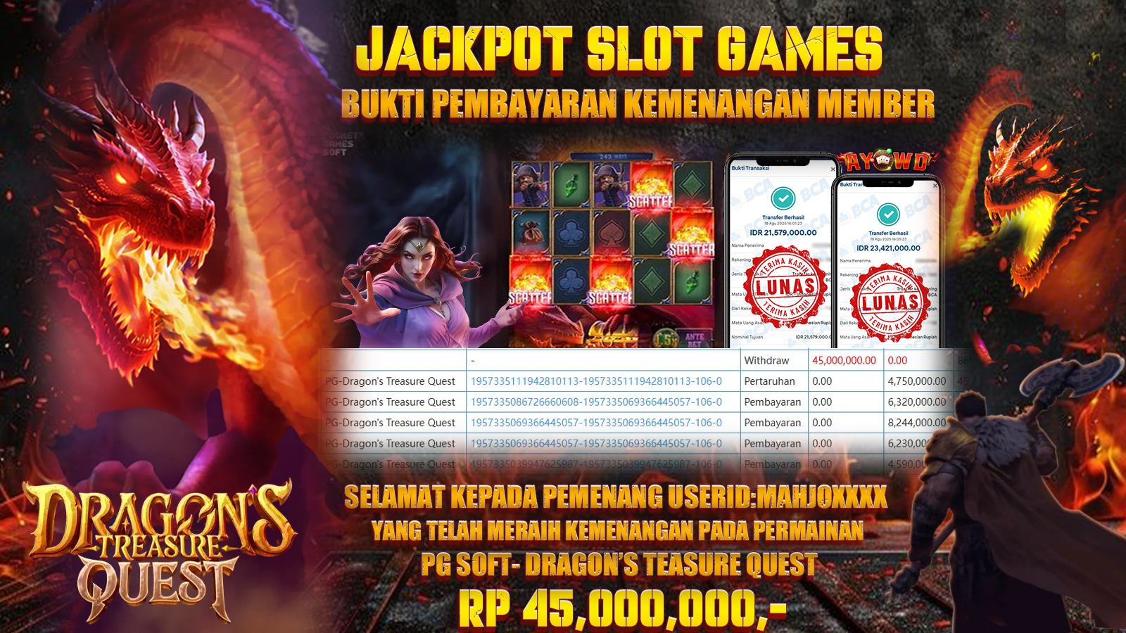 AYOWD JACKPOT SLOT GAMES PG-DRAGONS TREASURE QUEST Rp 45,000,000,- LUNAS