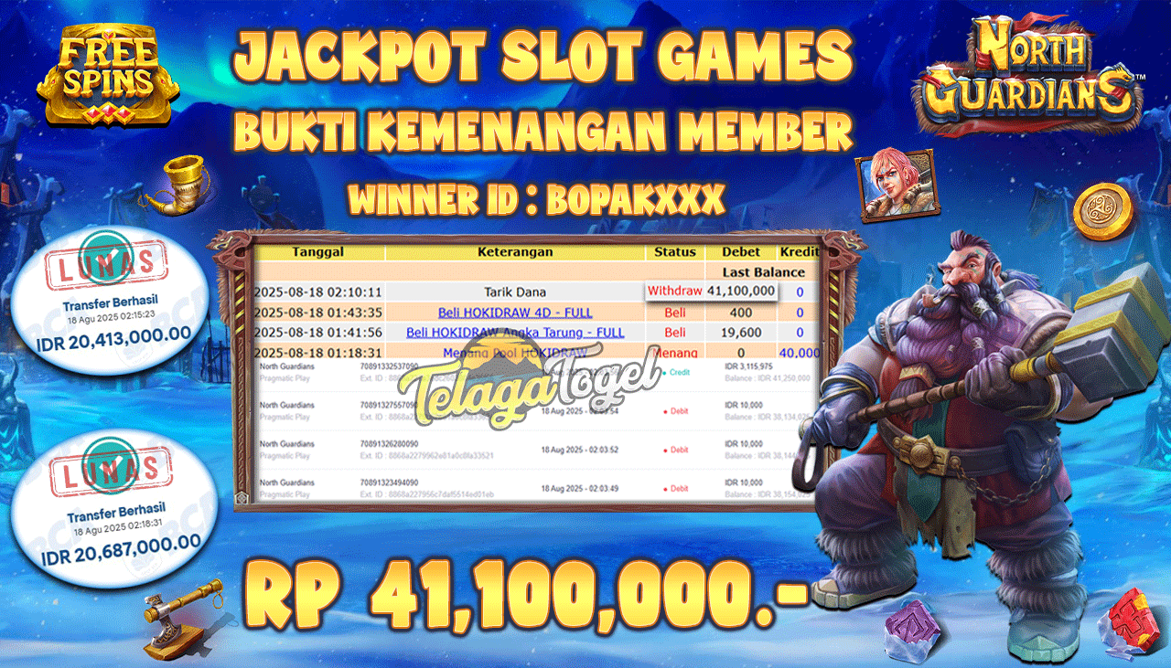 TELAGATOGEL JACKPOT SLOT NORTH GUARDIANS Rp 41,100,000.- LUNAS  