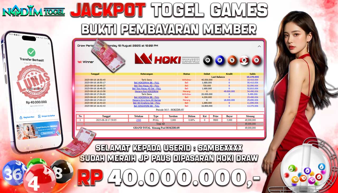 NADIMTOGEL JACKPOT TOGEL HOKI DRAW Rp 40.000.000,- LUNAS