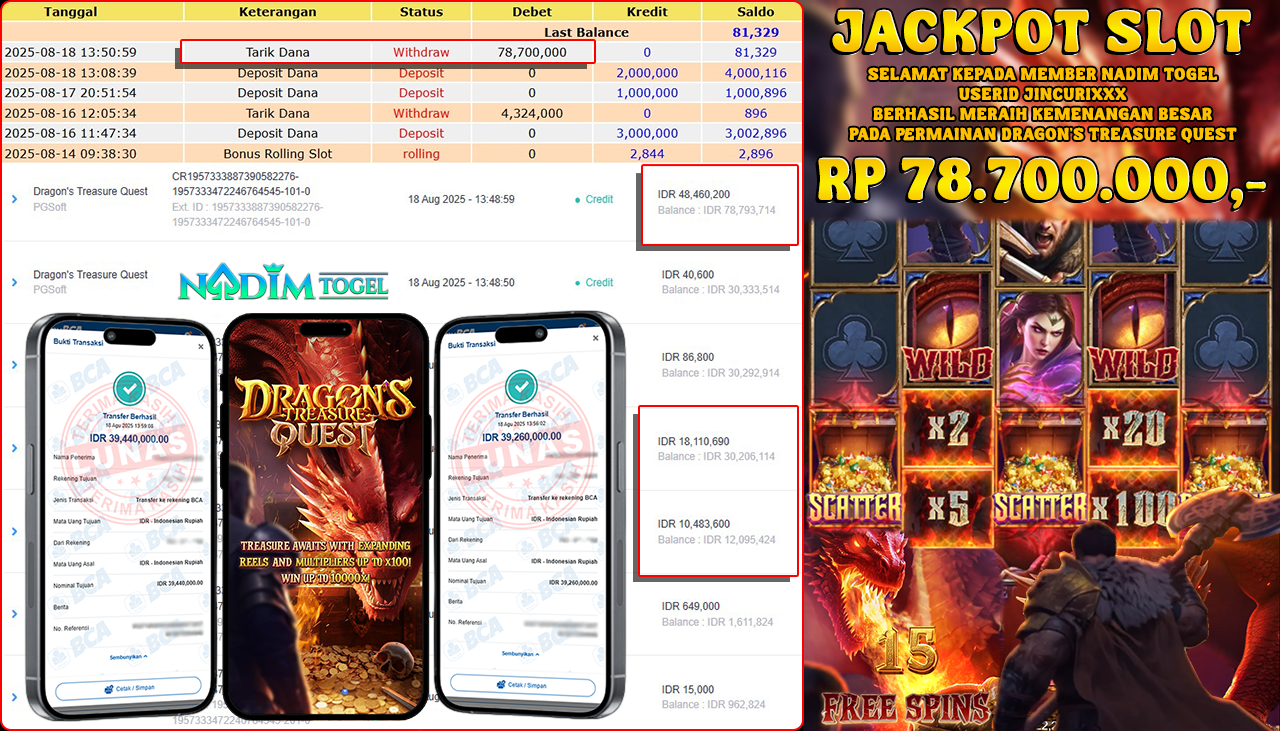 NADIMTOGEL JACKPOT SLOT DRAGON TREASURE QUEST Rp 78.700.000,- LUNAS