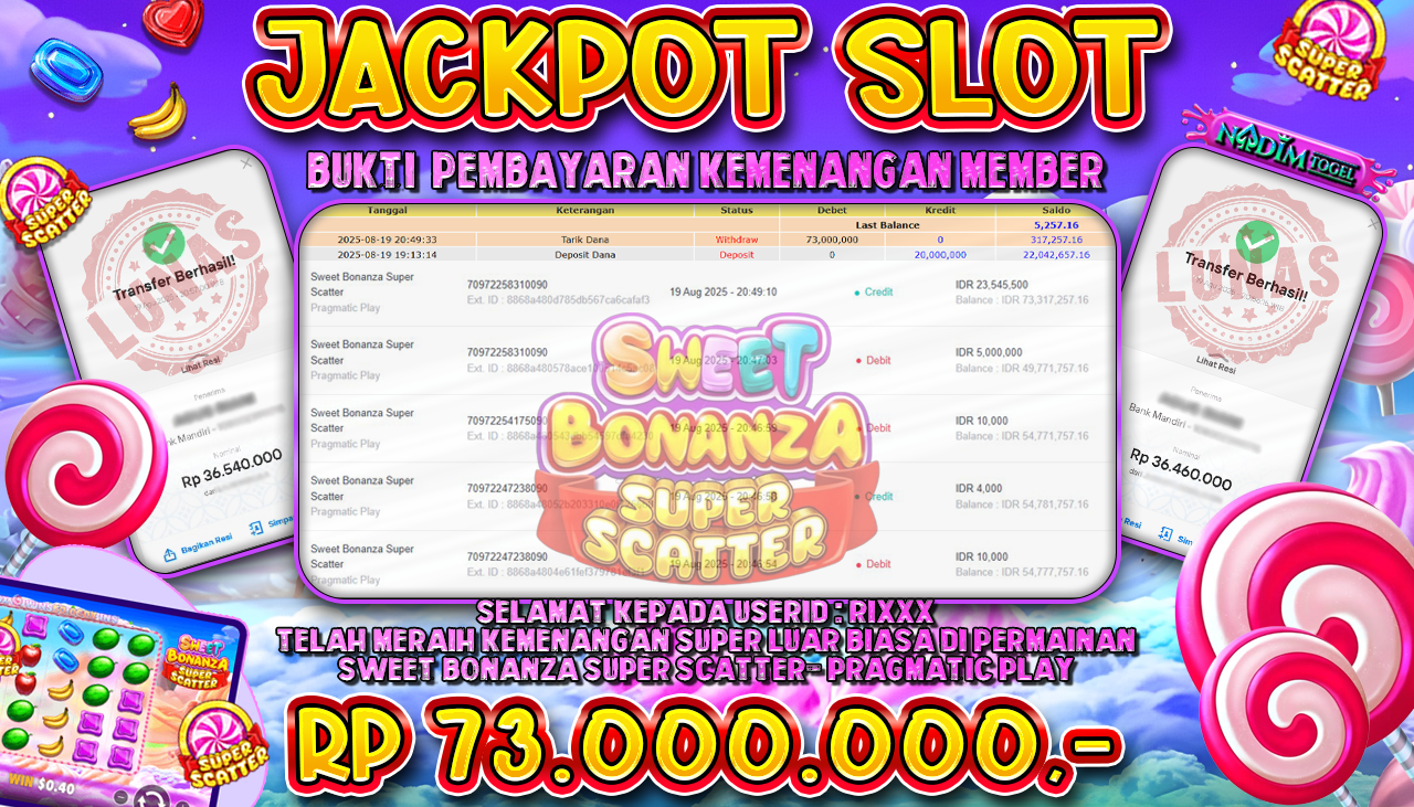 NADIMTOGEL JACKPOT SLOT SWEET BONANZA SUPER SCATTER  Rp 73.000.000,- LUNAS