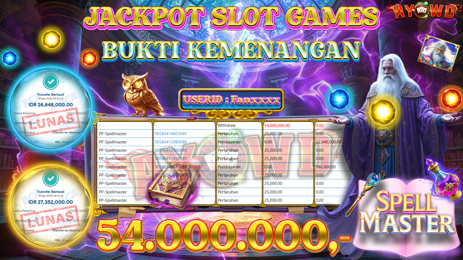 AYOWD JACKPOT SLOT GAMES PP-Spellmaster Rp 54,000,000,- LUNAS
