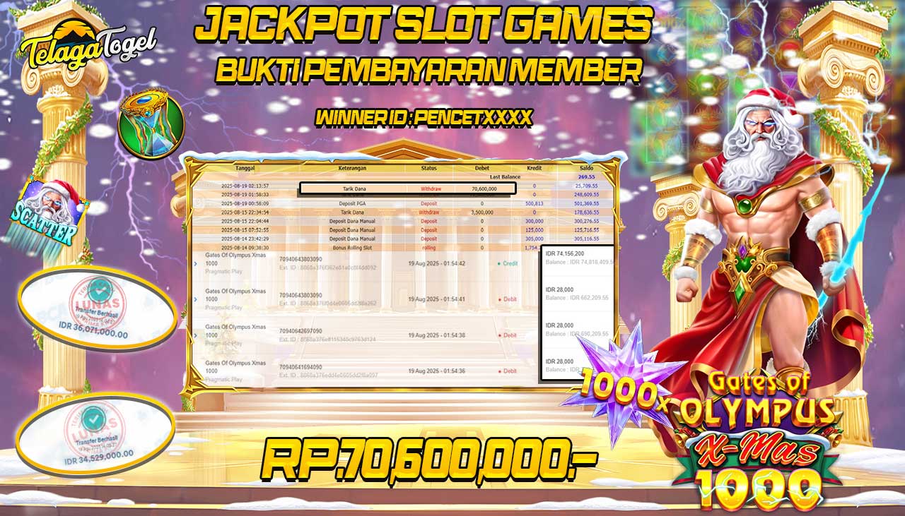 TELAGATOGEL JACKPOT SLOT GATES OF OLYMPUS 1000 XMAS Rp 72,000,000.- LUNAS  