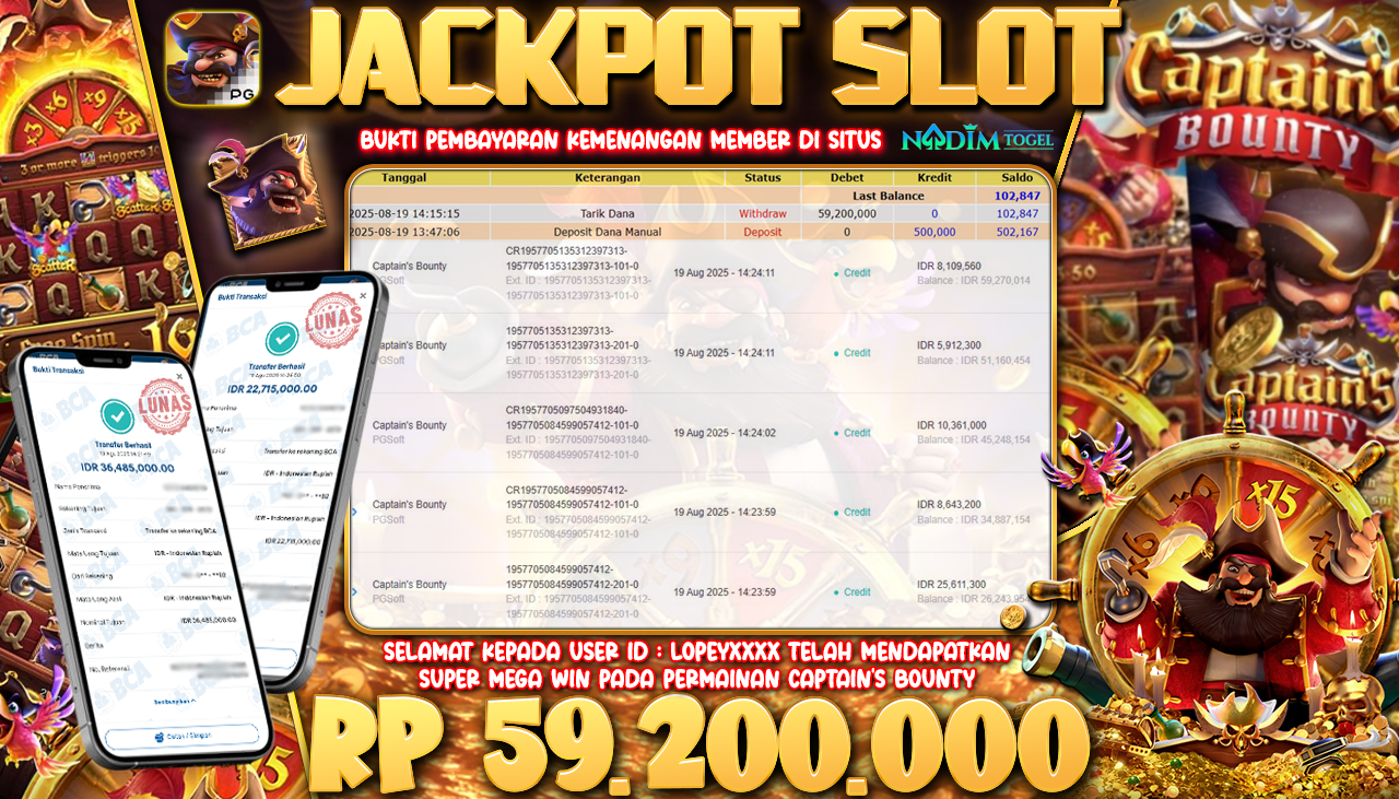 NADIMTOGEL JACKPOT SLOT CAPTAINS BOUNTY Rp 59.200.000,- LUNAS