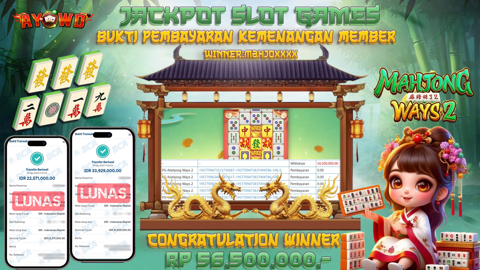 AYOWD JACKPOT SLOT GAMES PG-MAHJONG WAYS 2 Rp 56,500,000,- LUNAS