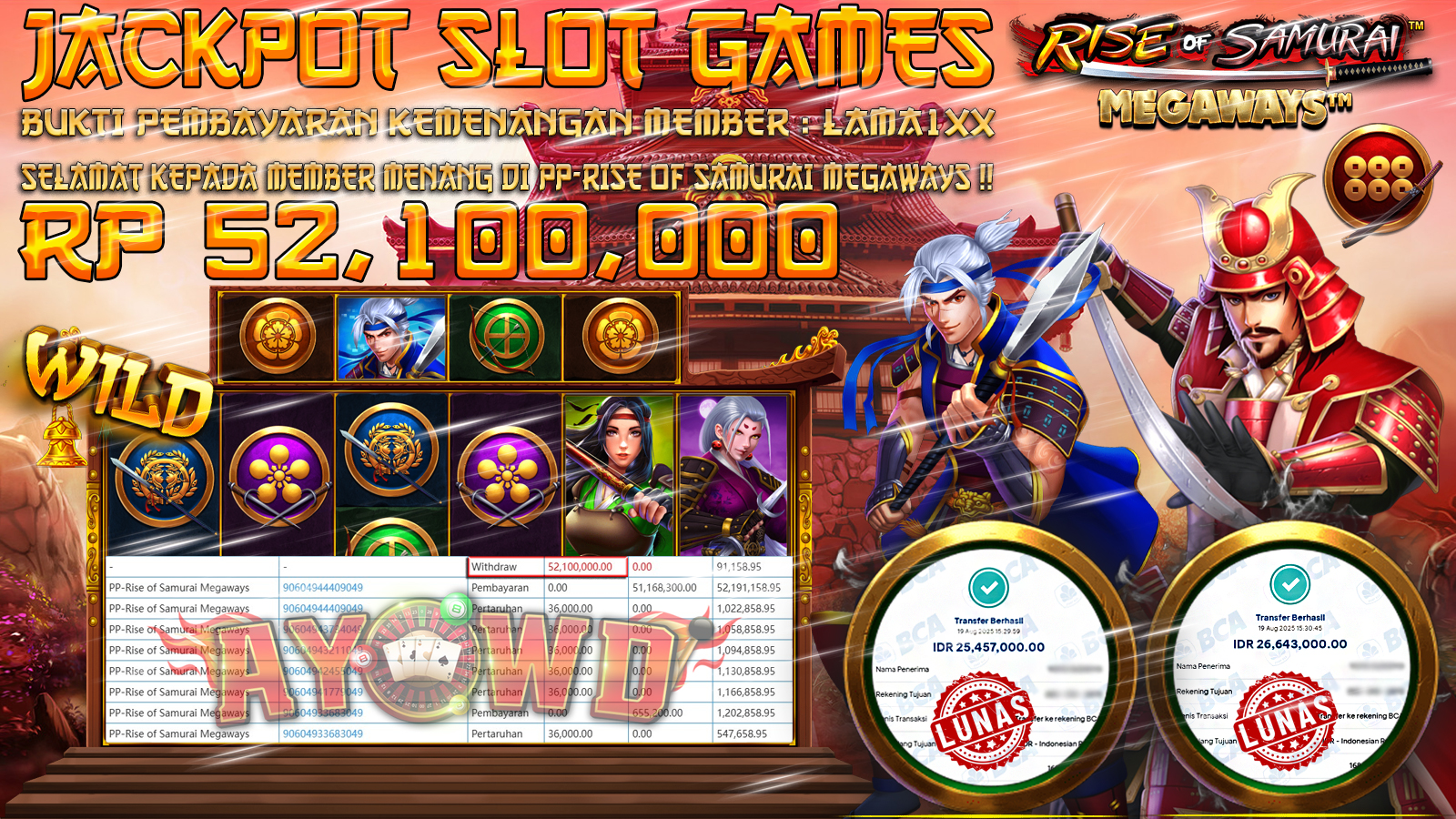 AYOWD JACKPOT SLOT GAMES PP-RISE OF SAMURAI MEGAWAYS Rp 52,100,000,- LUNAS