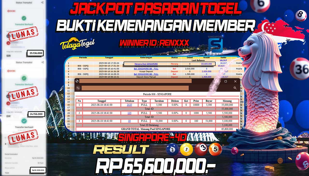 TELAGATOGEL JACKPOT TOGEL PASARAN SINGAPORE  Rp 65,600,000.- LUNAS  