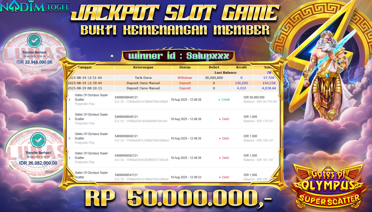 NADIMTOGEL JACKPOT SLOT GATES OF OLYMPUS SUPER SCATTER - PRAGMATIC -PLAY Rp 50.000.000,- LUNAS