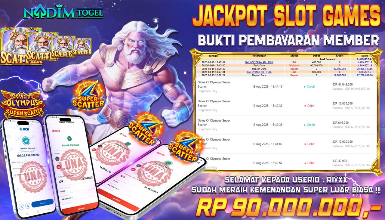 NADIMTOGEL JACKPOT SLOT GATES OF OLYMPUS SUPER SCATTER - PRAGMATIC -PLAY Rp 90.000.000,- LUNAS