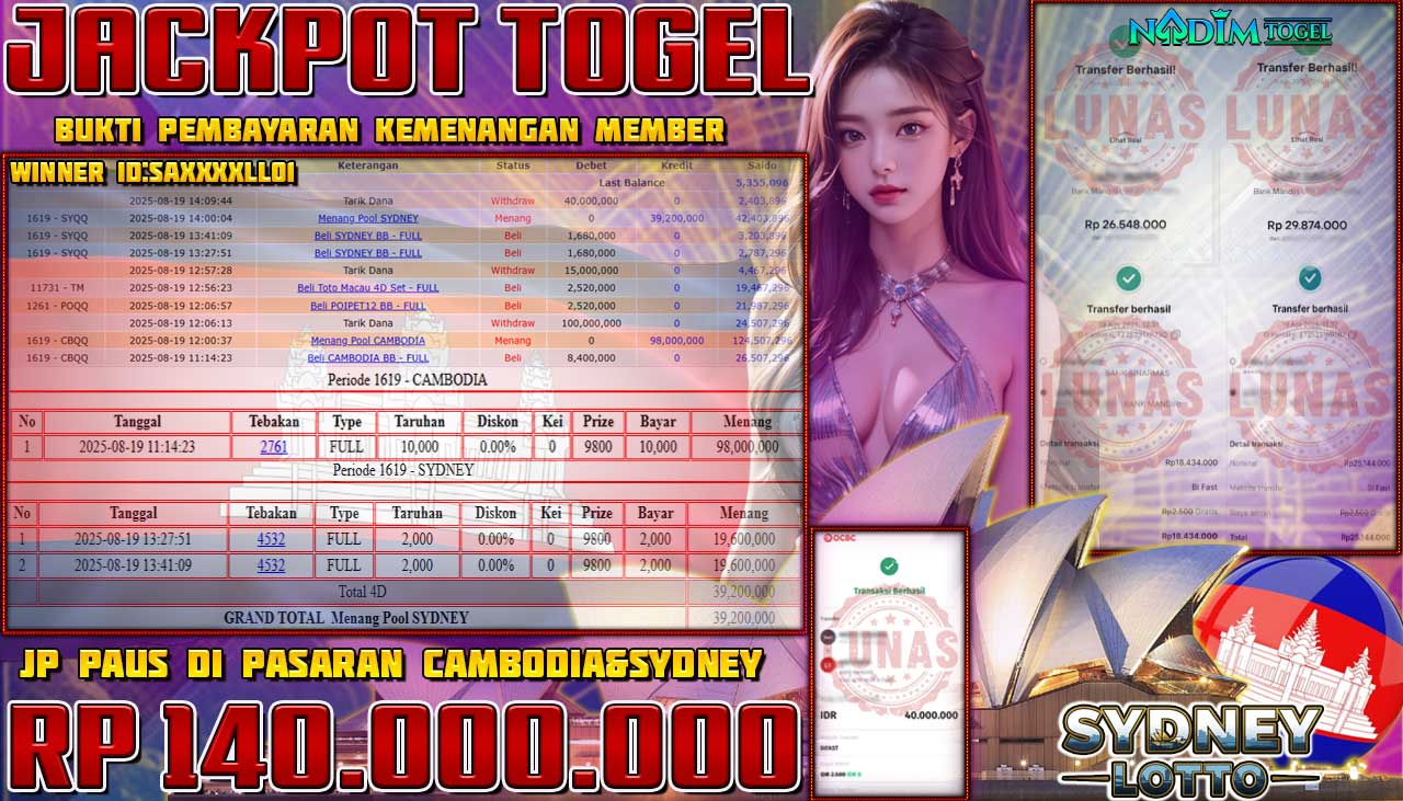 NADIMTOGEL JACKPOT TOGEL PASARAN CAMBODIA & SYDNEY Rp 140.000.000,- LUNAS