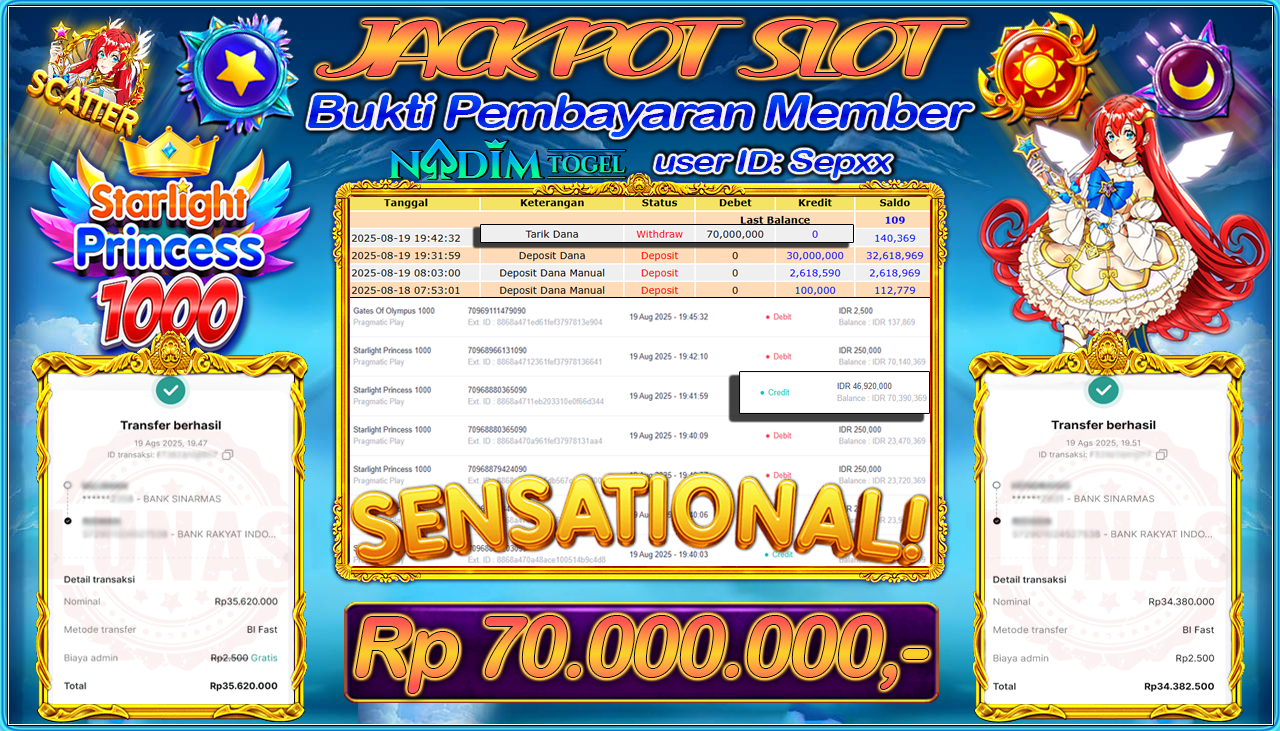 NADIMTOGEL JACKPOT SLOT STARLIGHT PRINCESS 1000 Rp 70.000.000,- LUNAS