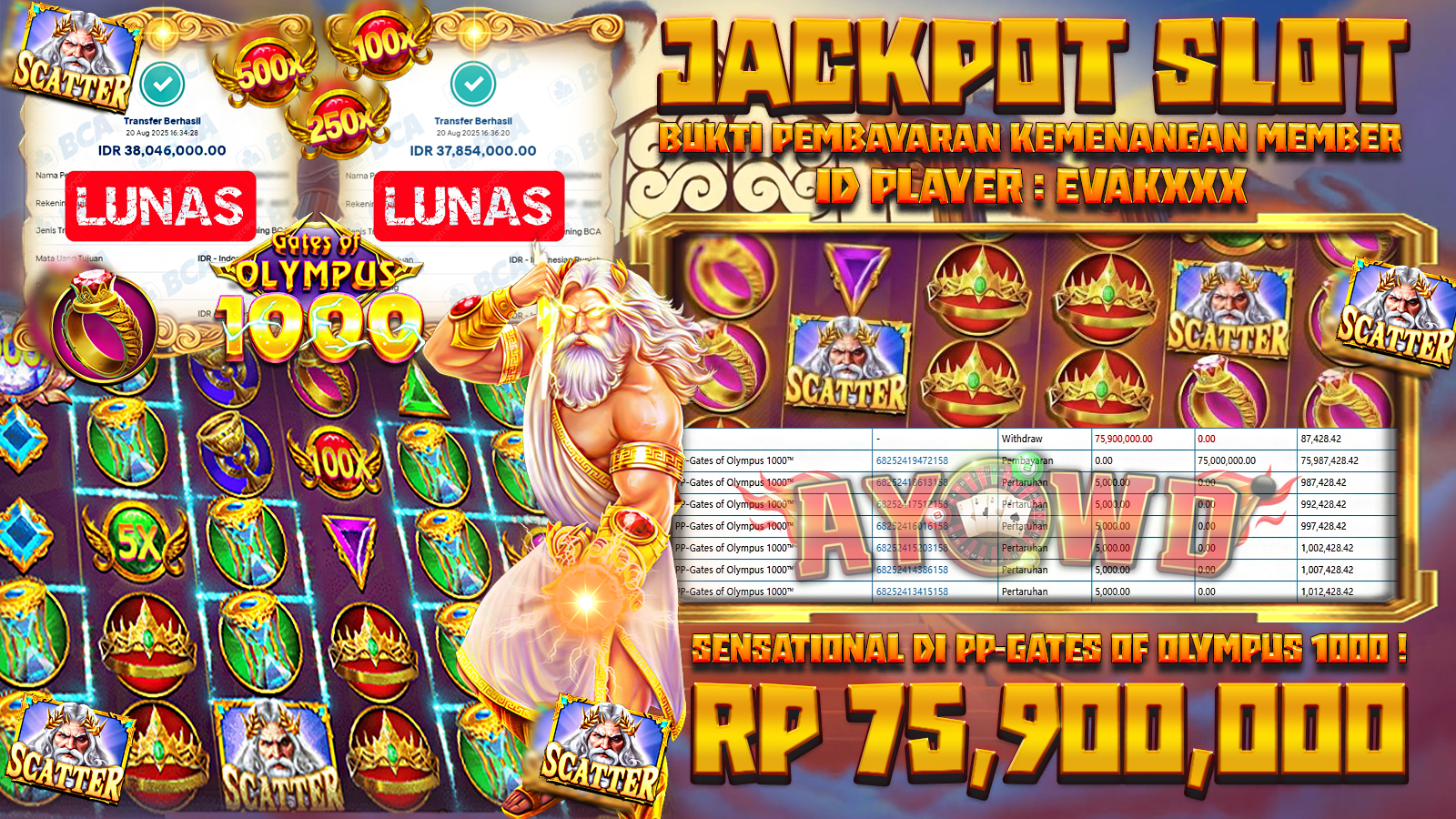 AYOWD JACKPOT SLOT GAMES PP-Gates Of Olympus 1000 Rp 75,900,000,- LUNAS