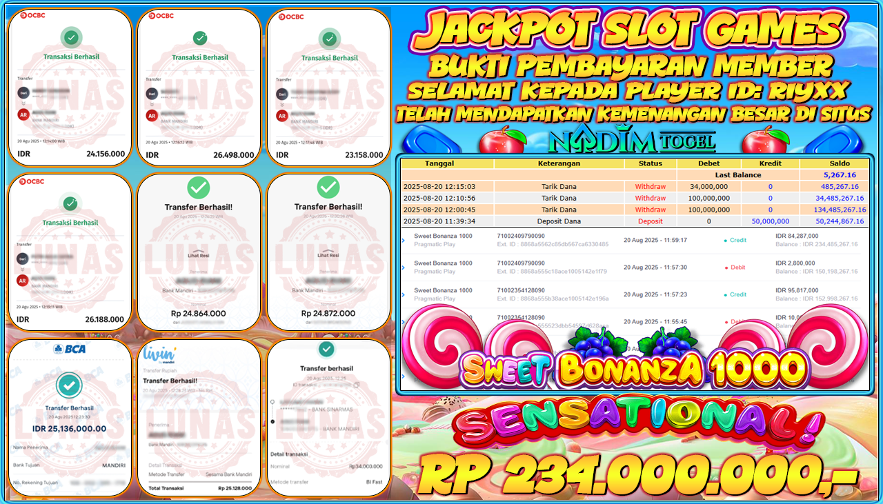 NADIMTOGEL JACKPOT SLOT SWEET BONANZA 1000 Rp 234.000.000,- LUNAS