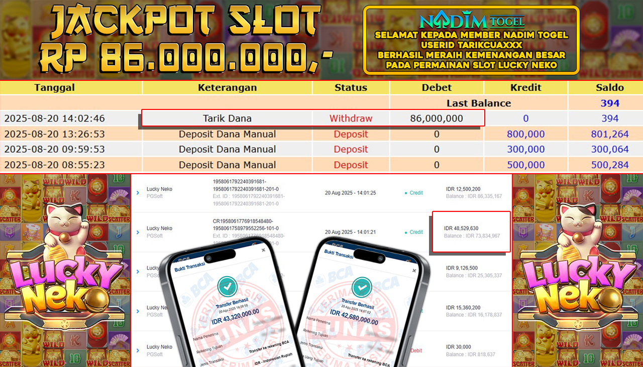 NADIMTOGEL JACKPOT SLOT LUCKY NEKO Rp 86.000.000,- LUNAS