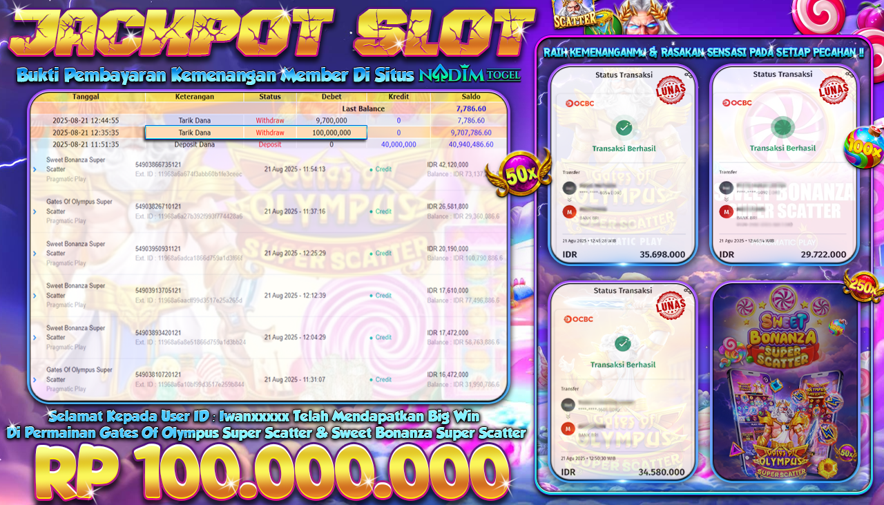 NADIMTOGEL JACKPOT SLOT GATES OF OLYMPUS SUPER SCATTER & SWEET BONANZA SUPER SCATTER Rp 100.000.000,- LUNAS