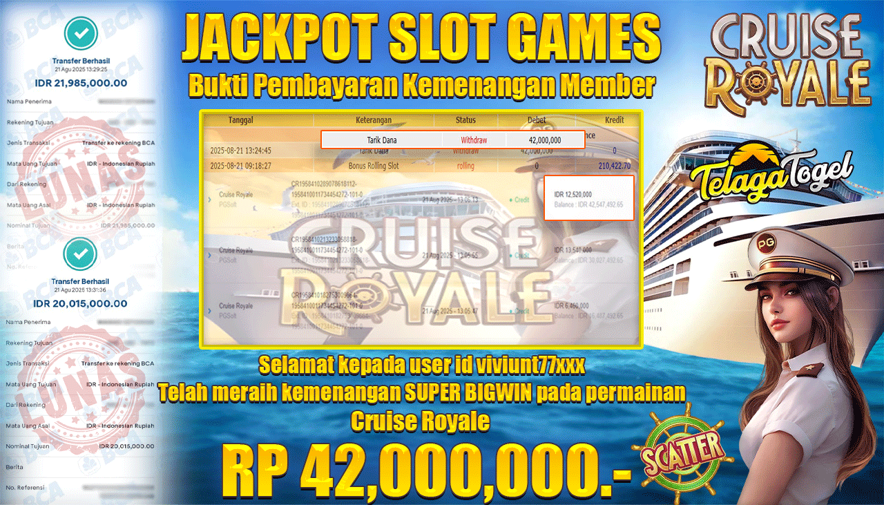TELAGATOGEL JACKPOT SLOT CRUISE ROYALE Rp 42,000,000.- LUNAS 