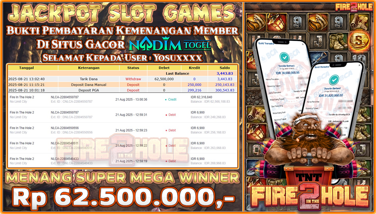 NADIMTOGEL JACKPOT SLOT FIRE IN THE HOLE-2 Rp 62.500.000,- LUNAS