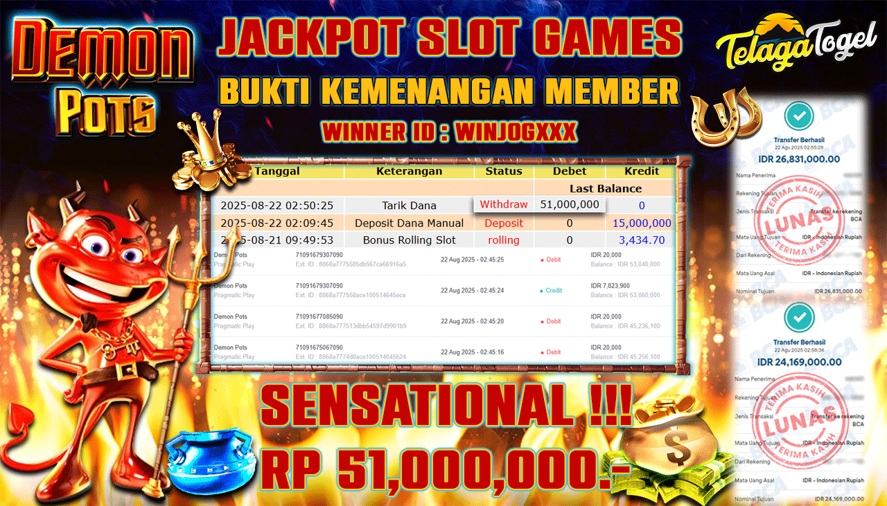 TELAGATOGEL JACKPOT DEMON POTS Rp 51,000,000.- LUNAS 