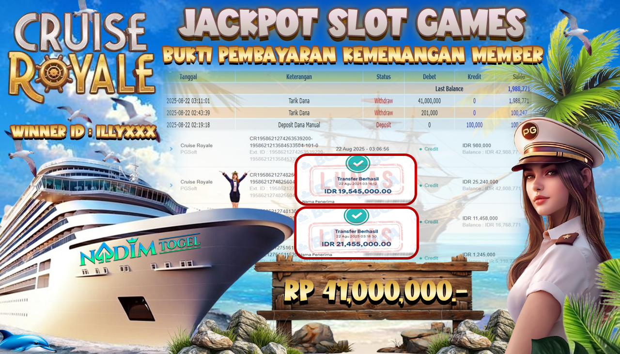 NADIMTOGEL JACKPOT SLOT CRUISE ROYALE Rp 41.000.000,- LUNAS
