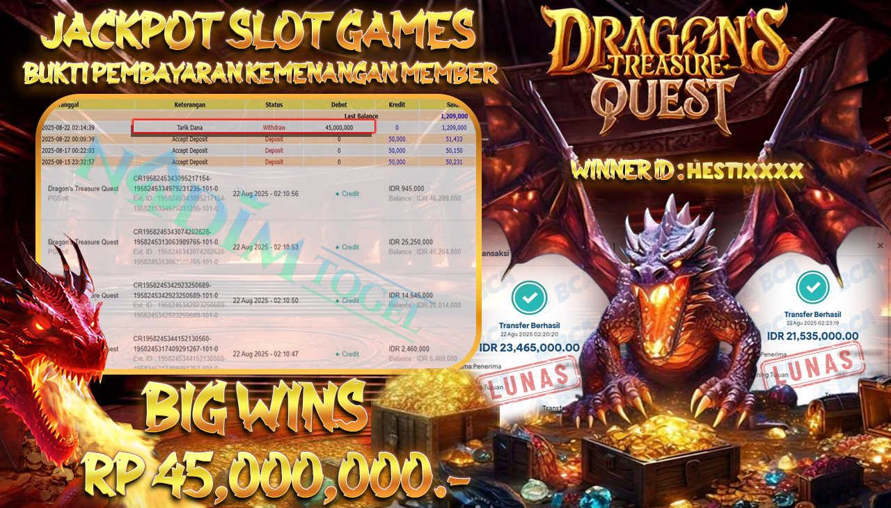 NADIMTOGEL JACKPOT SLOT DRAGONS TREASURE QUEST Rp 45.000.000,- LUNAS