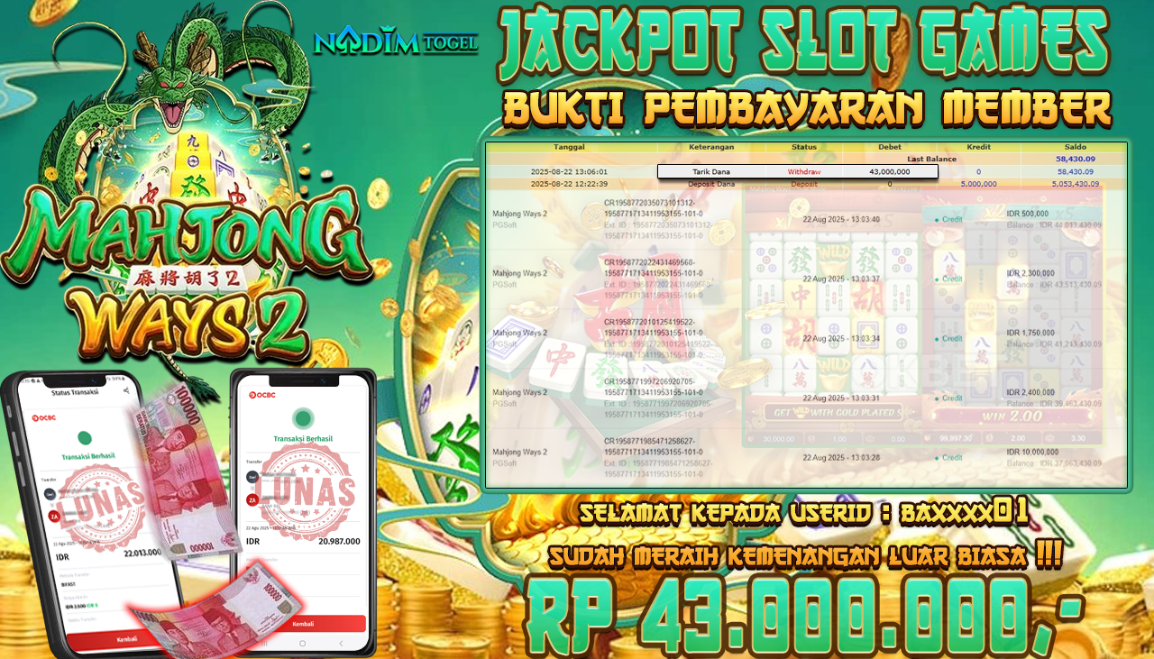 NADIMTOGEL JACKPOT SLOT MAHJONG WAYS 2 - PG SOFT Rp 43.000.000,- LUNAS