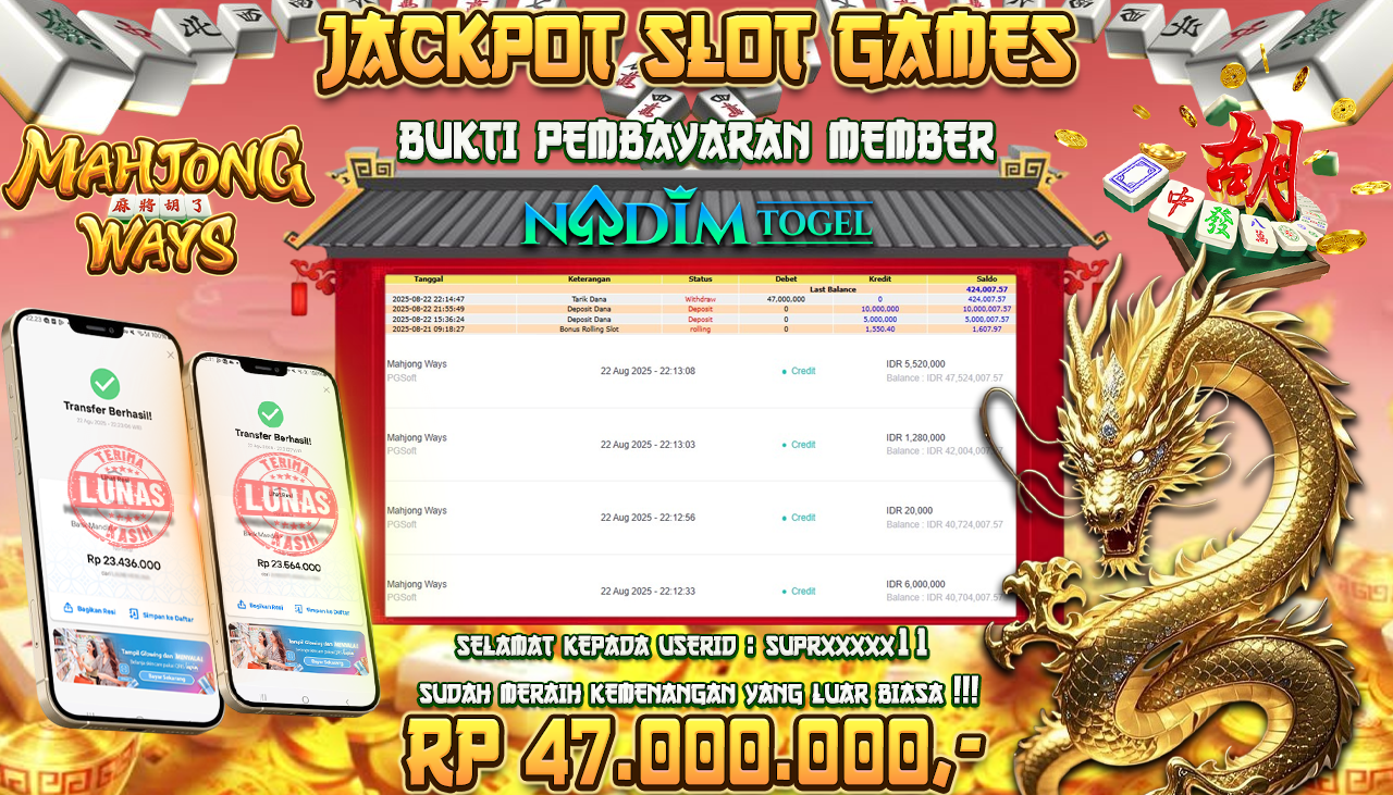 NADIMTOGEL JACKPOT SLOT MAHJONG WAYS - PG SOFT Rp 47.000.000,- LUNAS