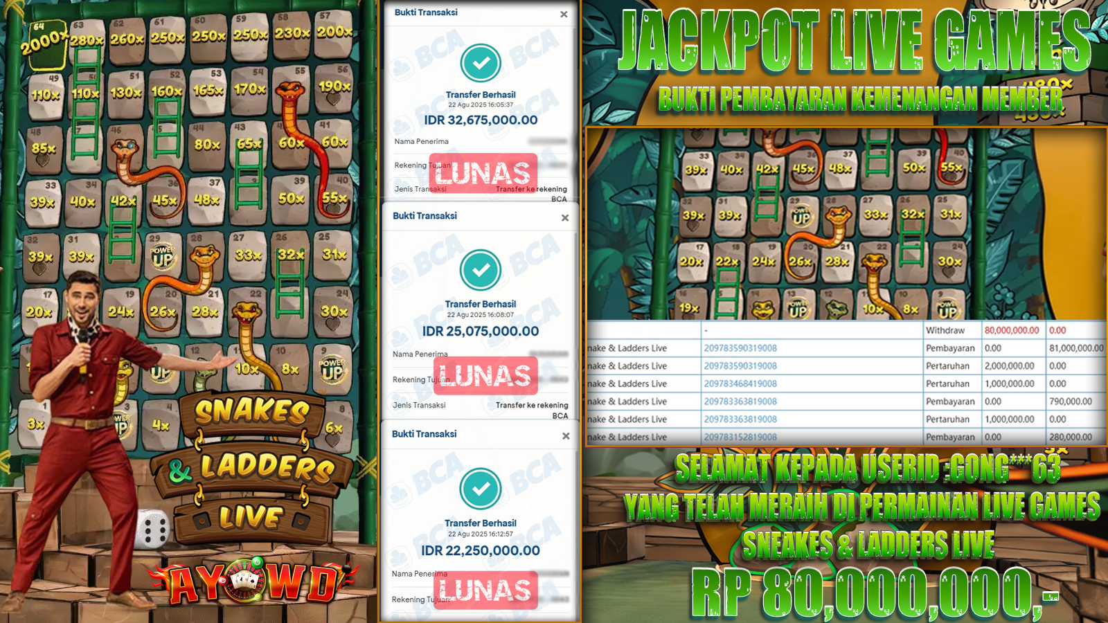 AYOWD JACKPOT LIVE GAMES PP-SNAKES & LADDERS LIVE Rp 80,000,000,- LUNAS