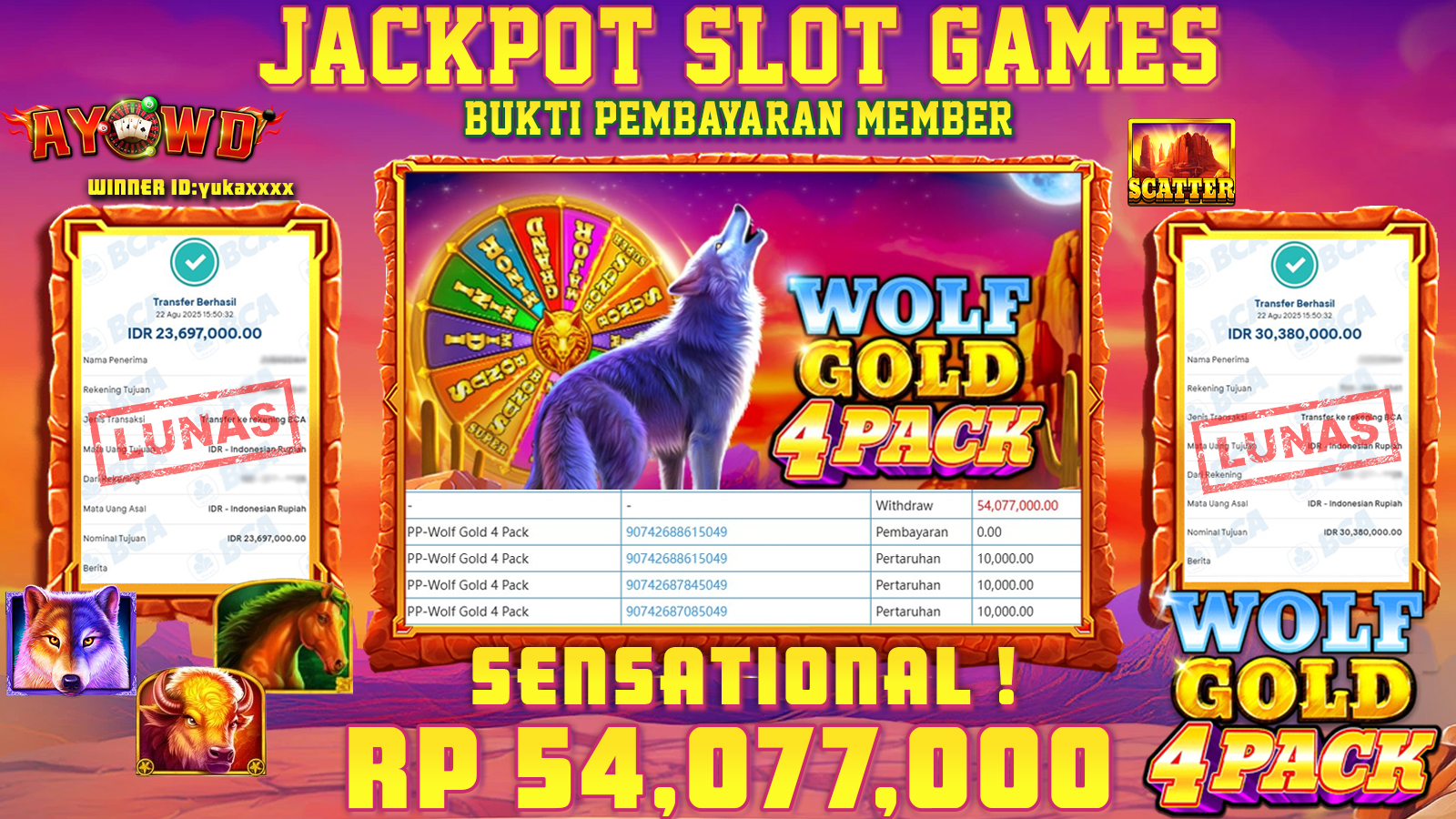 AYOWD JACKPOT SLOT GAMES PP-WOLF GOLD 4 PACK Rp 54,077,000,- LUNAS