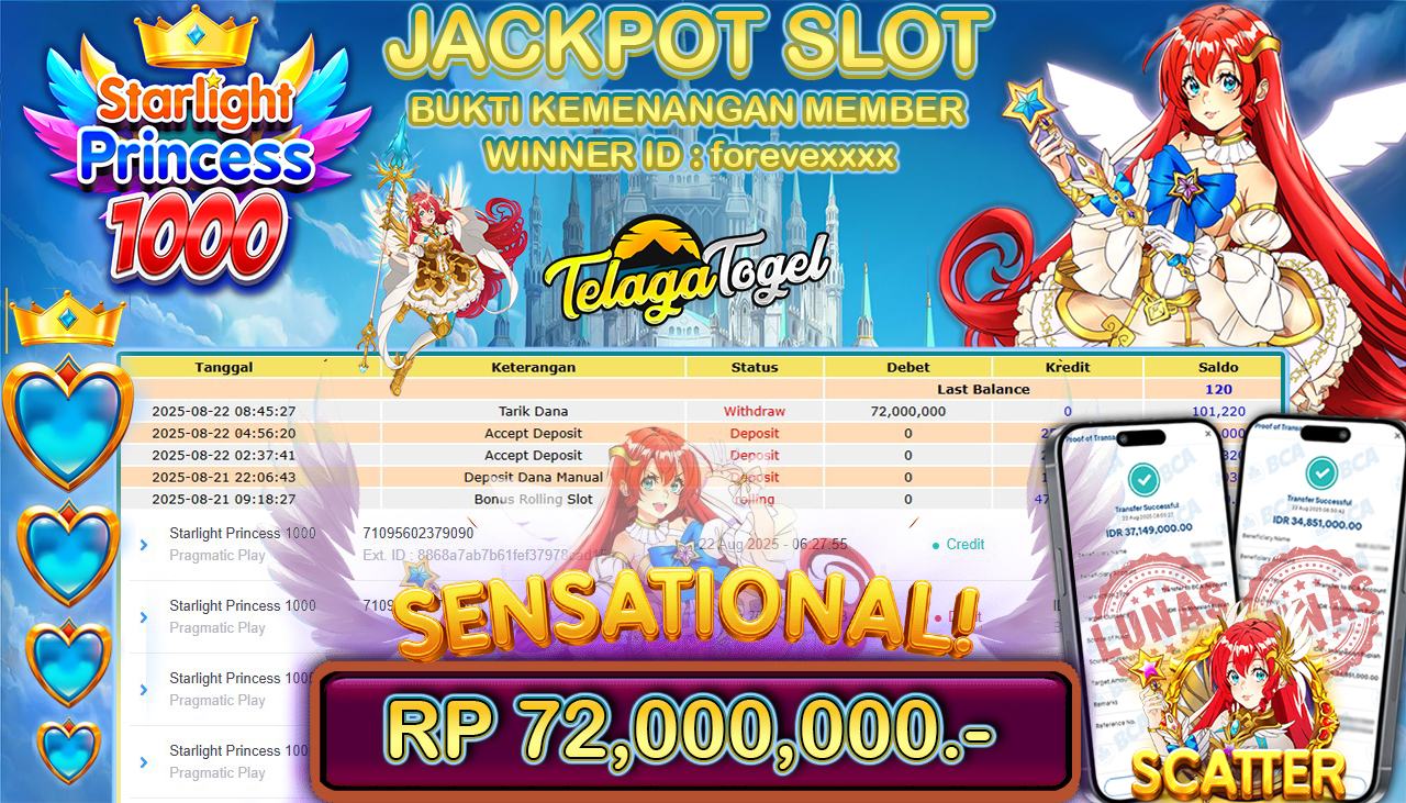 TELAGATOGEL JACKPOT SLOT STARLIGHT PRINCESS 1000 Rp 72,000,000.- LUNAS 