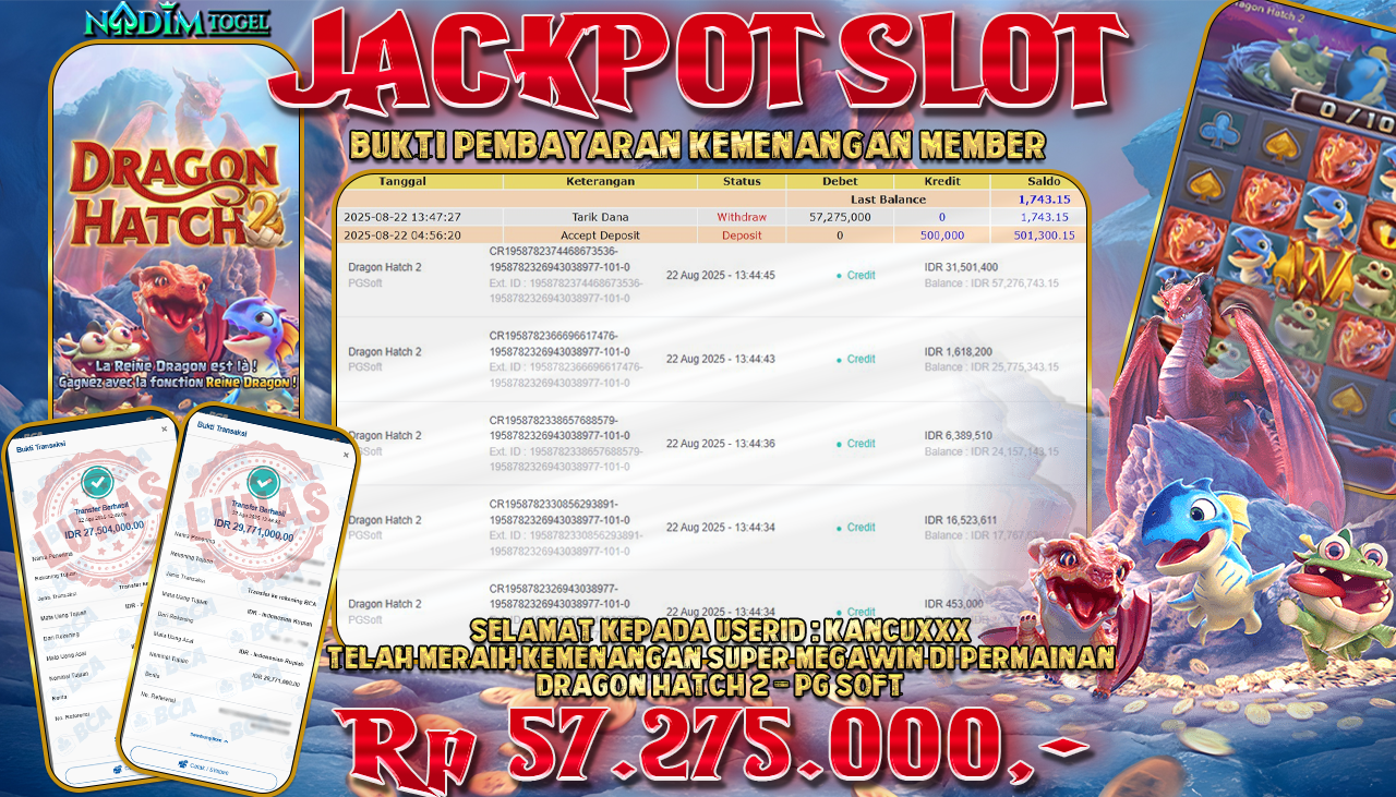 NADIMTOGEL JACKPOT SLOT DRAGON HATCH 2 Rp 57.275.000,- LUNAS