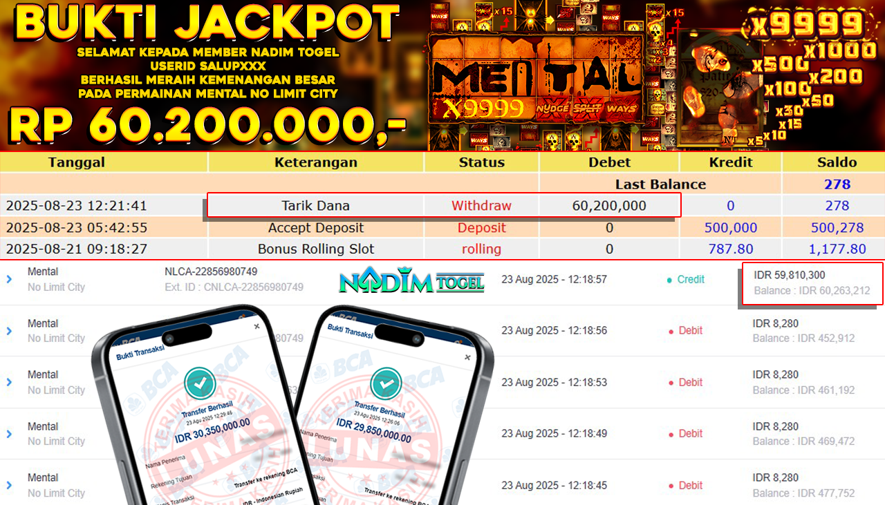 NADIMTOGEL JACKPOT SLOT MENTAL - NO LIMIT CITY Rp 60.200.000,- LUNAS