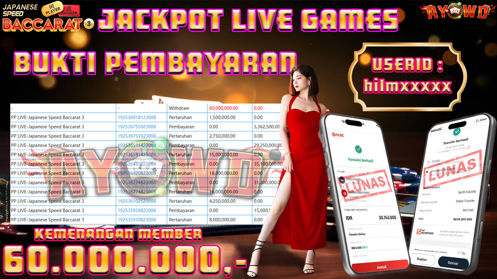 AYOWD JACKPOT LIVE GAMES PP LIVE-Japanese Speed Baccarat 3 Rp 60,000,000,- LUNAS