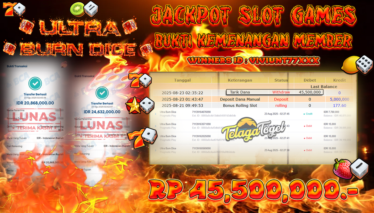 TELAGATOGEL JACKPOT SLOT ULTRA BURN DICE Rp 45,500,000.- LUNAS 