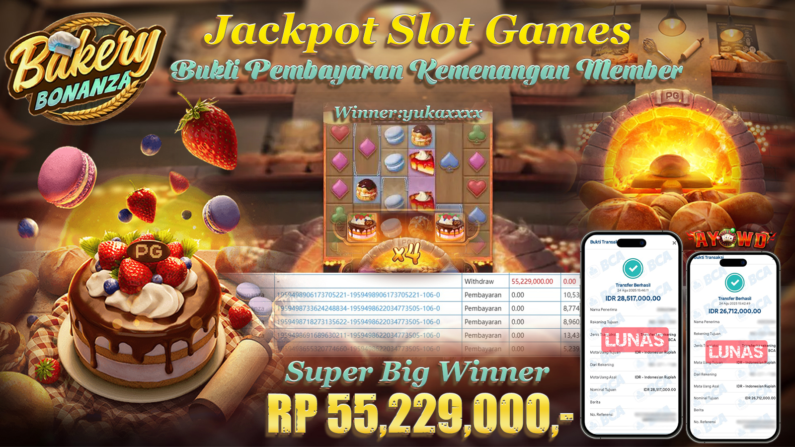 AYOWD JACKPOT SLOT GAMES PG-BAKERY BONANZA Rp 55,229,000,- LUNAS