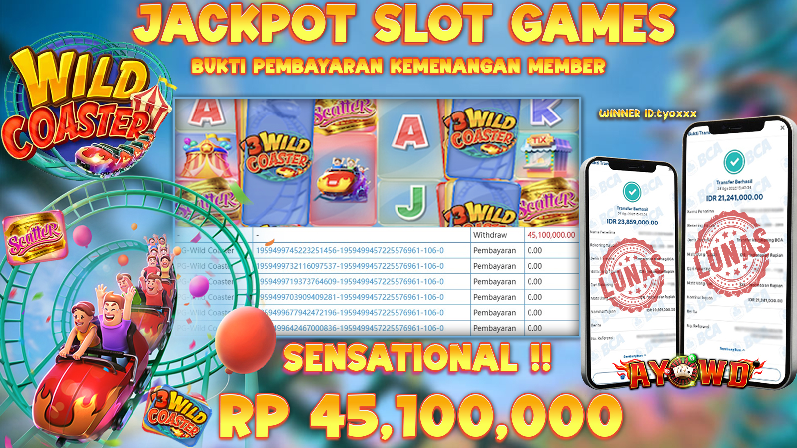 AYOWD JACKPOT SLOT GAMES PG-WILD COASTER Rp 45,100,000,- LUNAS