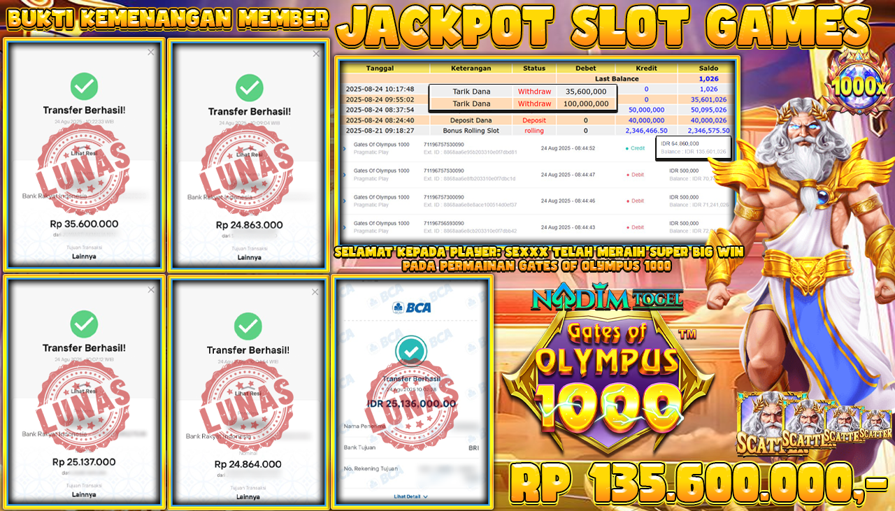 NADIMTOGEL JACKPOT SLOT GATES OF OLYMPUS 1000 Rp 135.600.000,- LUNAS
